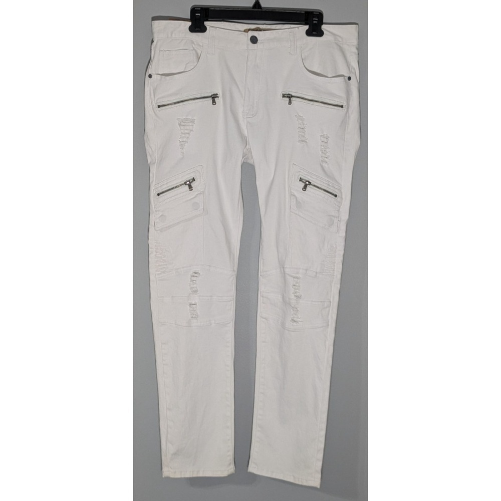 Brooklyn Laundry White Distressed Moto Cargo Jeans Zipper Streetwear 36 x 32